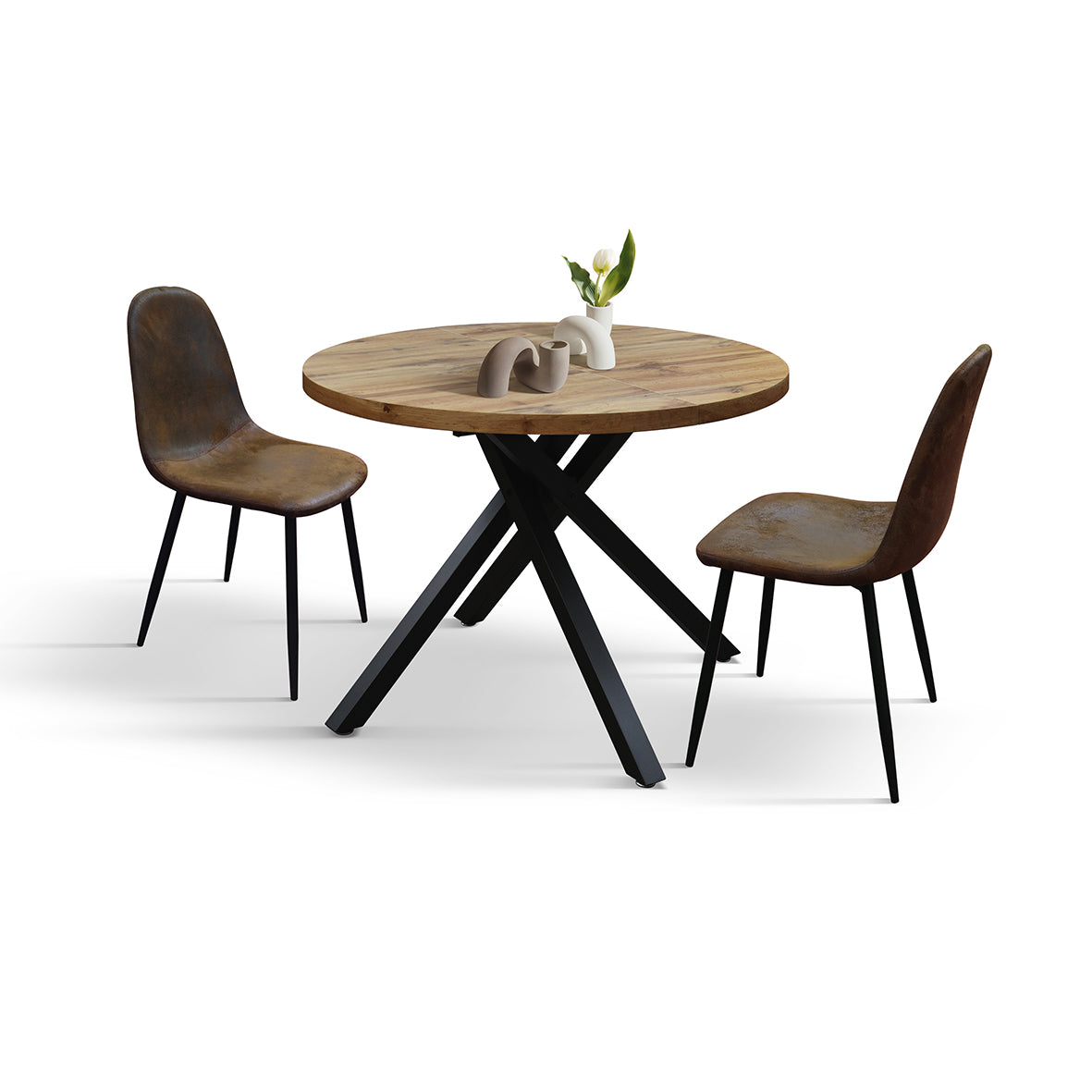 Tavolo Rotondo Allungabile Livia, vista laterale ravvicinata con sedie marroni e centrotavola decorativo