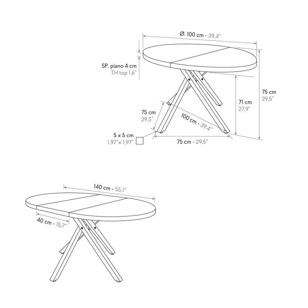 Tavolo Rotondo Allungabile Livia, schema tecnico con dimensioni del piano, altezza e allunga