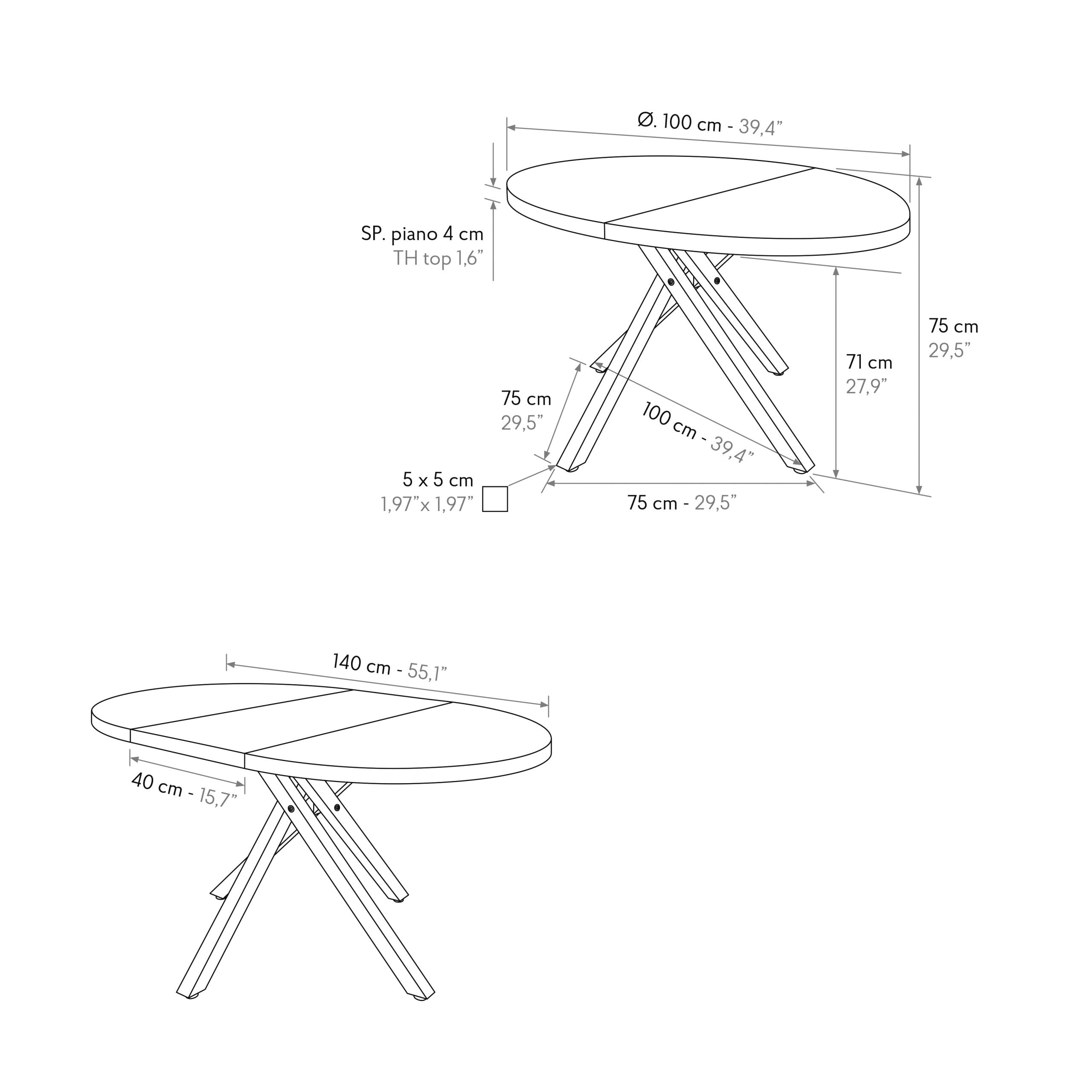 Tavolo Rotondo Allungabile Livia, schema tecnico con dimensioni del piano, altezza e allunga
