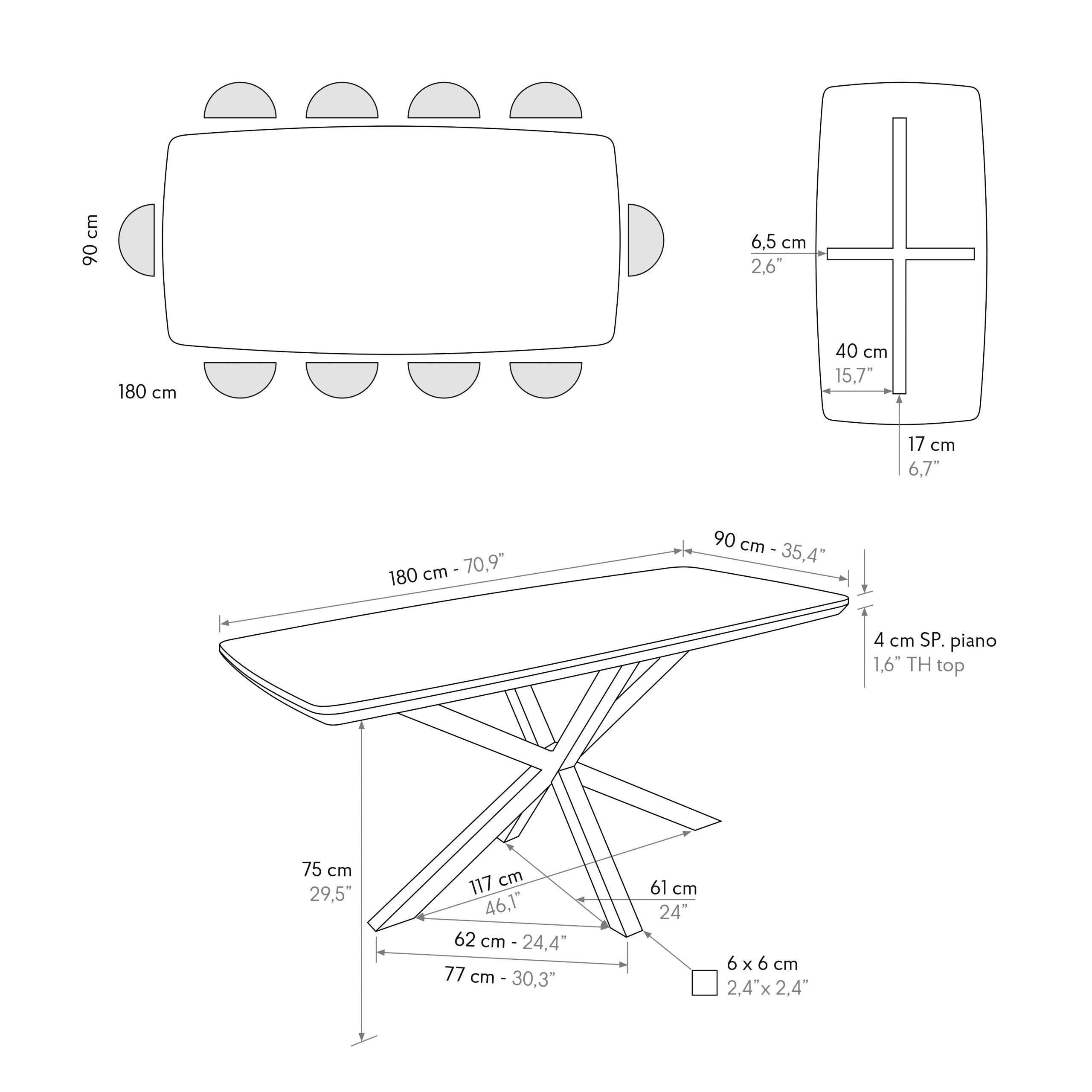Tavolo Fisso Marte, schema tecnico con dimensioni del piano 180x90 cm e altezza 75 cm
