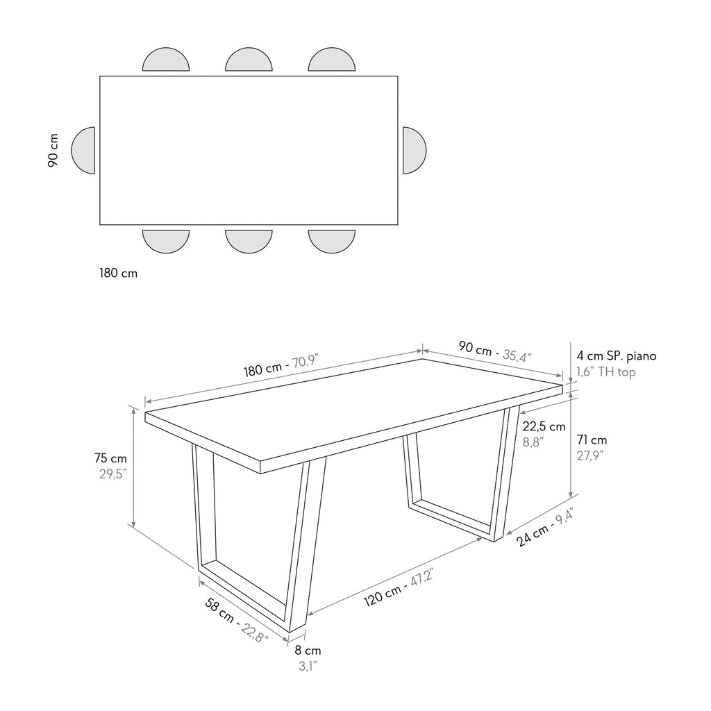 Tavolo Fisso Giove, scheda tecnica con dimensioni: 180x90 cm, altezza 75 cm