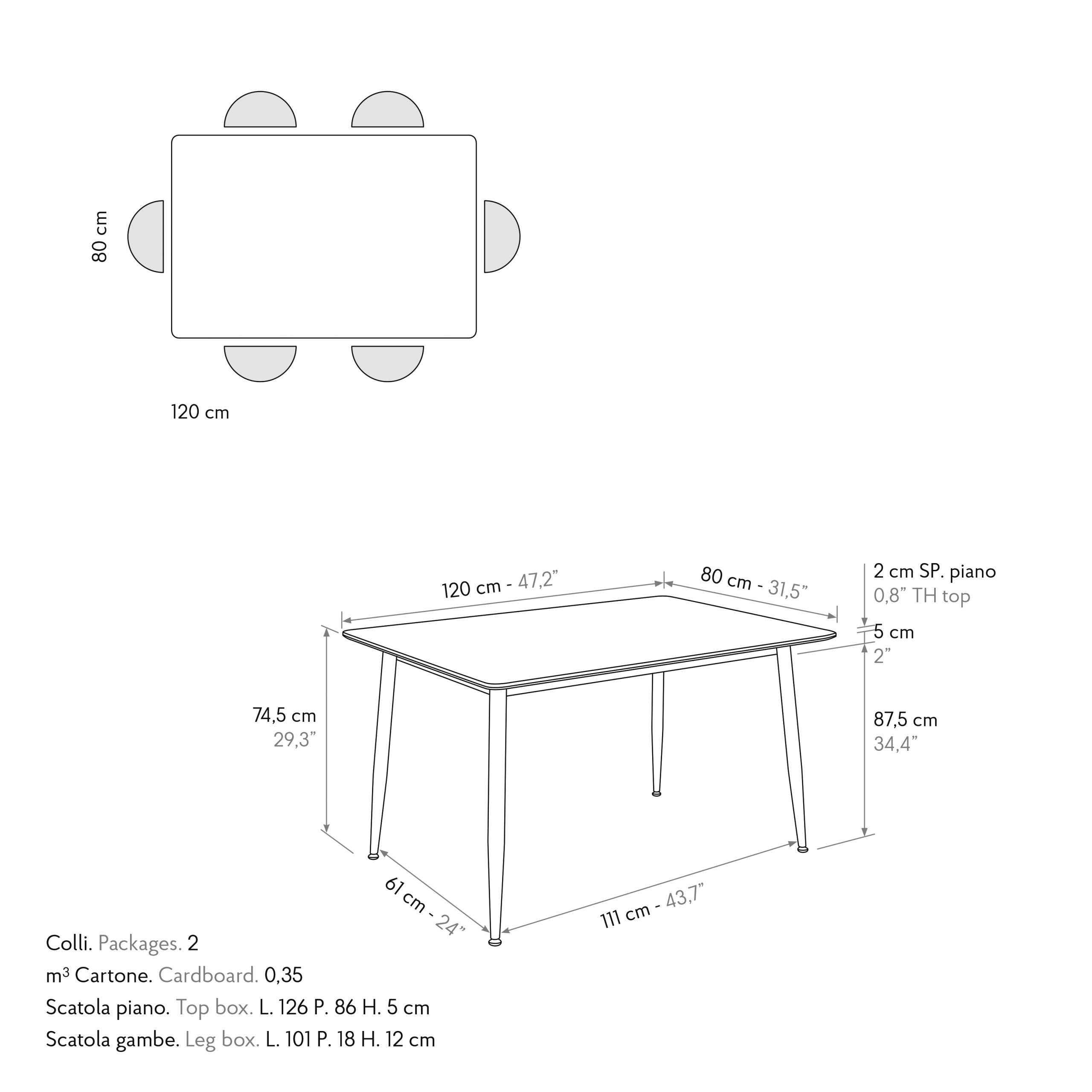 Tavolo Fisso Vesta, scheda tecnica con dimensioni: 120x80 cm, altezza 74,5 cm