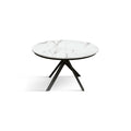 Tavolo Rotondo Allungabile Selene, vista frontale da chiuso con piano in ceramica marmo bianco Statuario e base a ragno nera