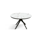 Tavolo Rotondo Allungabile Selene, vista frontale da chiuso con piano in ceramica marmo bianco Statuario e base a ragno nera