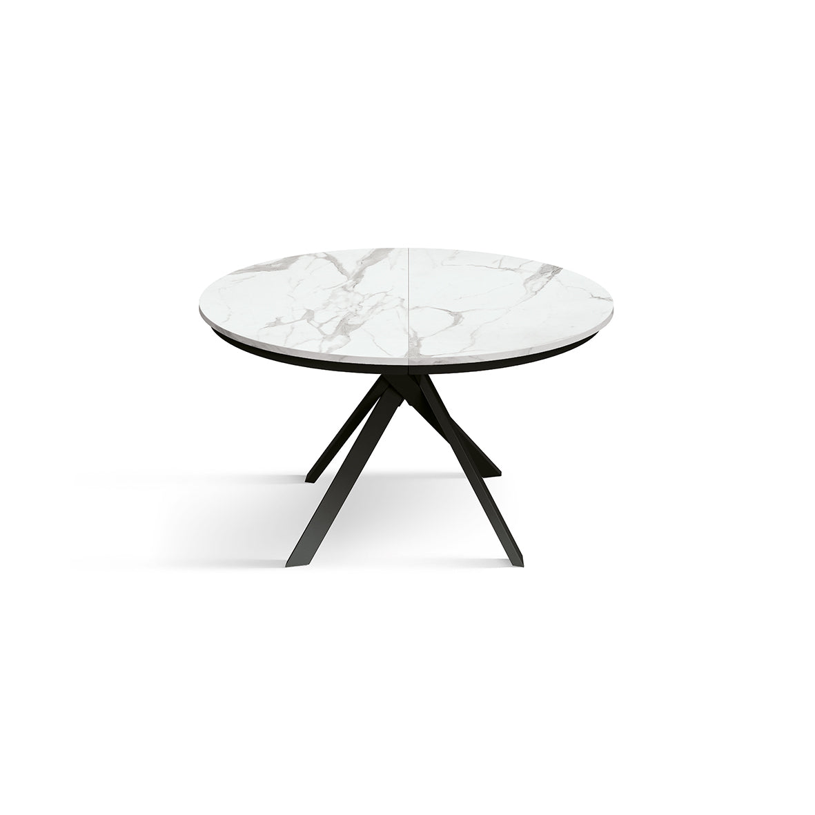 Tavolo Rotondo Allungabile Selene, vista frontale da chiuso con piano in ceramica marmo bianco Statuario e base a ragno nera