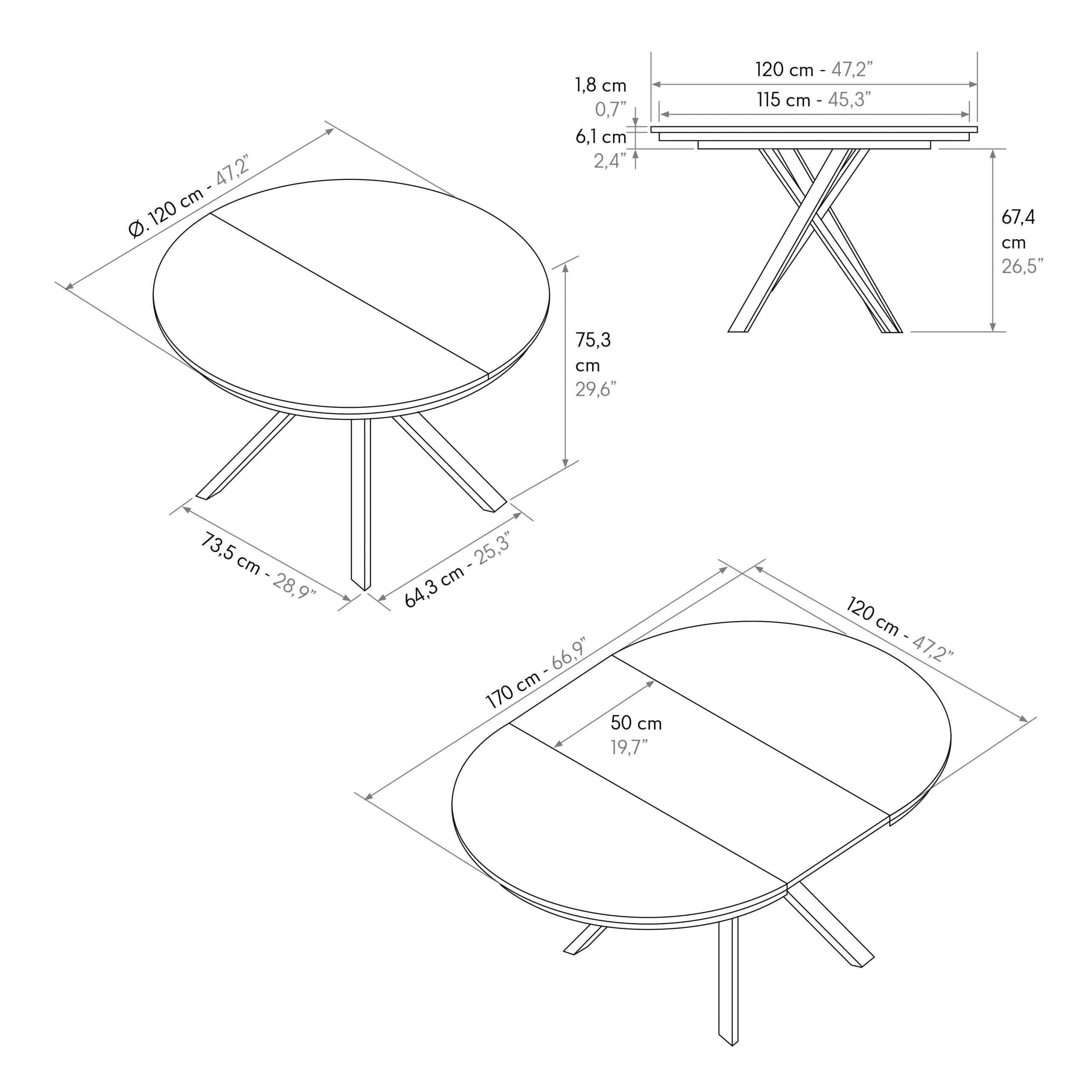 Tavolo Rotondo Allungabile Selene, schema tecnico con dimensioni del piano, altezza e allunga