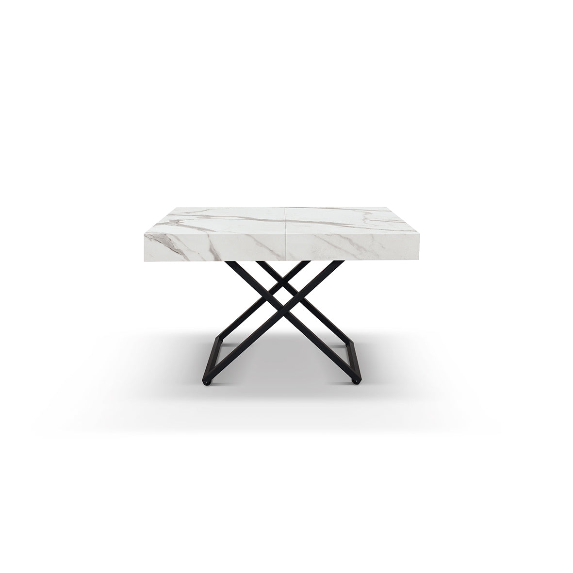 Tavolino Trasformabile Flora, vista frontale sollevato ad altezza tavolo da pranzo con base a X in metallo nero