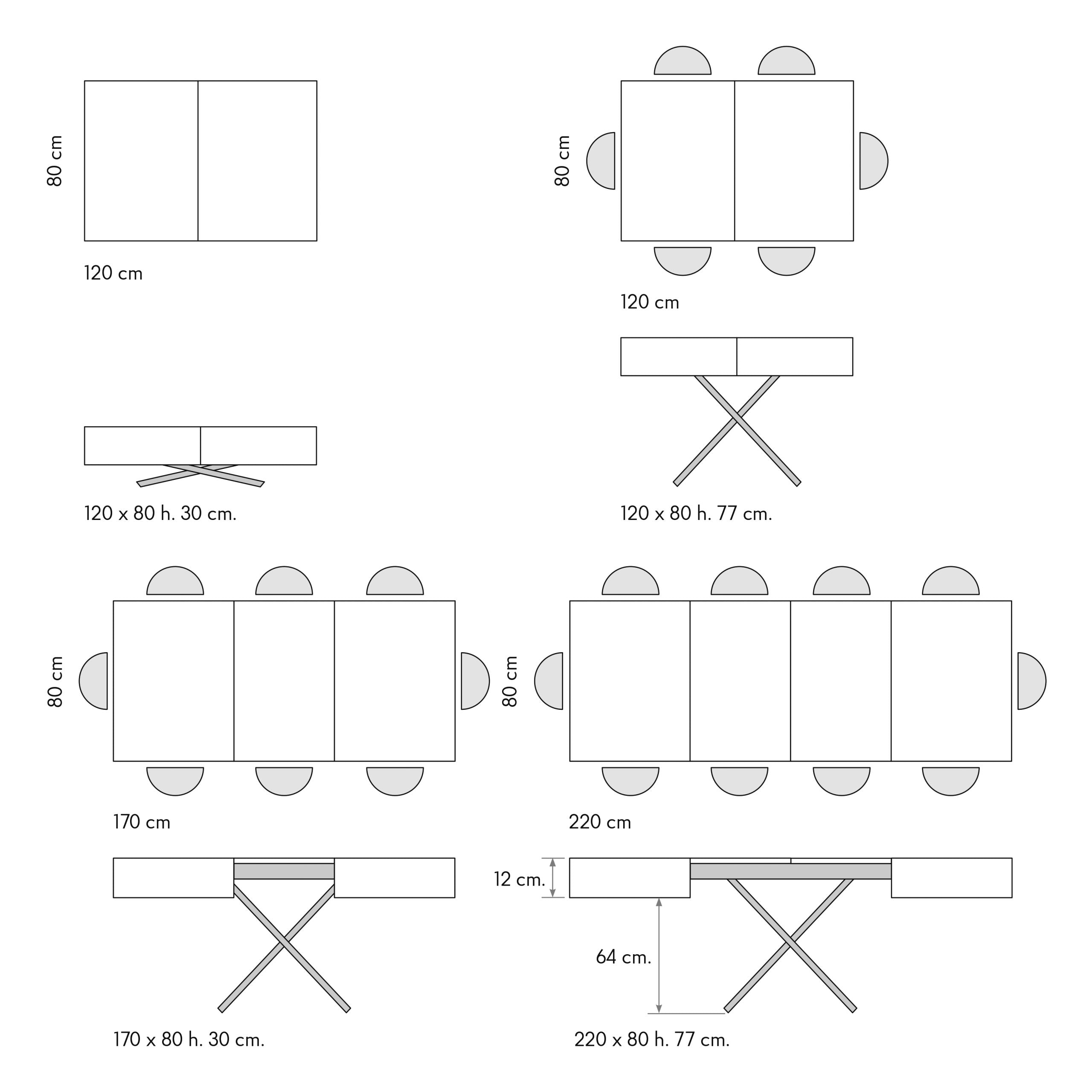 Tavolino Trasformabile Flora, schema delle trasformazioni: da tavolino 120x80 h.30 cm a tavolo da pranzo 220x80 h.77 cm