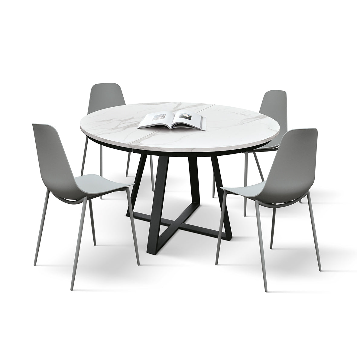 Tavolo Rotondo Allungabile Cassiopea, vista frontale con piano in marmo bianco Statuario, base a croce nera e sedie grigie