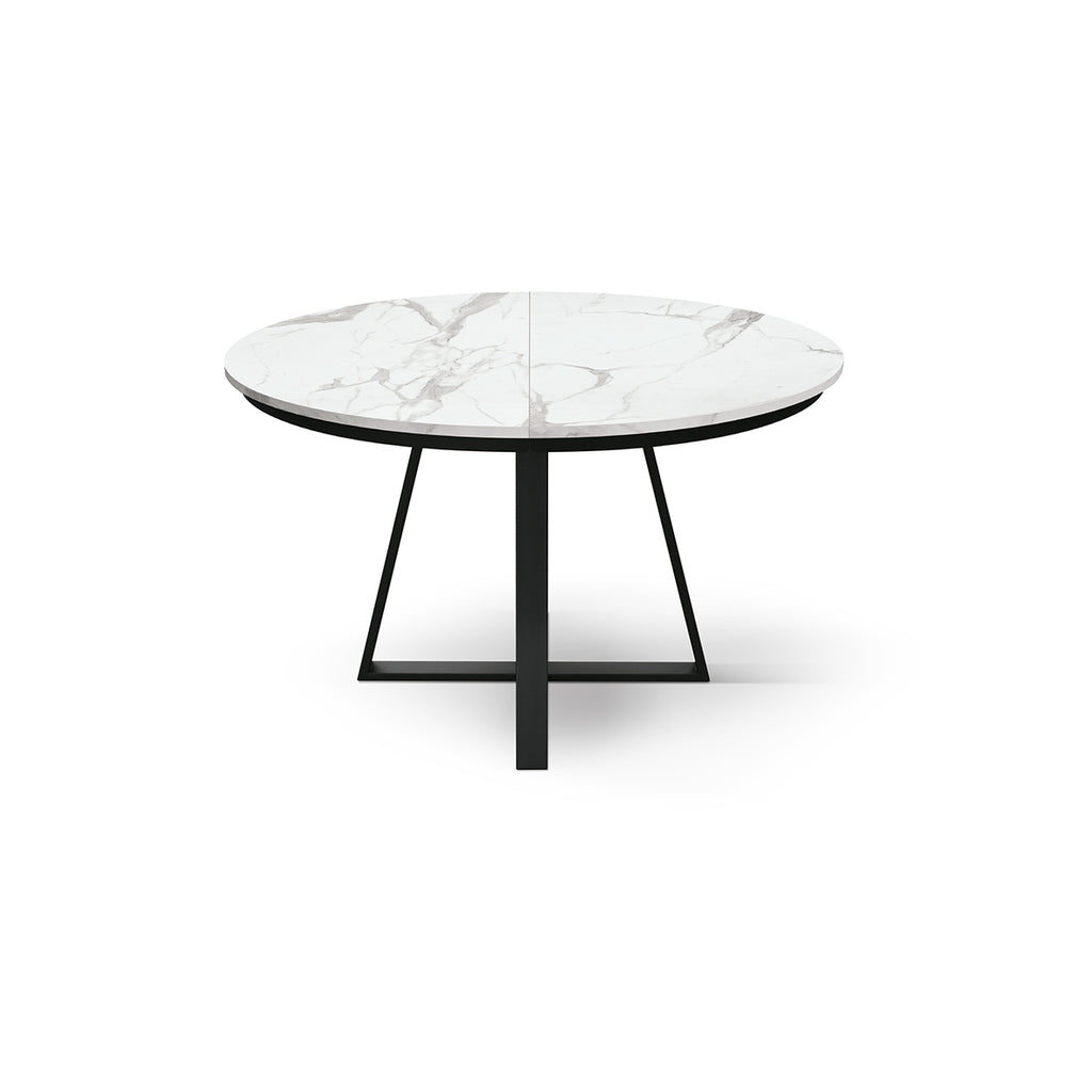 Tavolo Rotondo Allungabile Cassiopea, vista frontale da chiuso con piano in ceramica marmo bianco Statuario