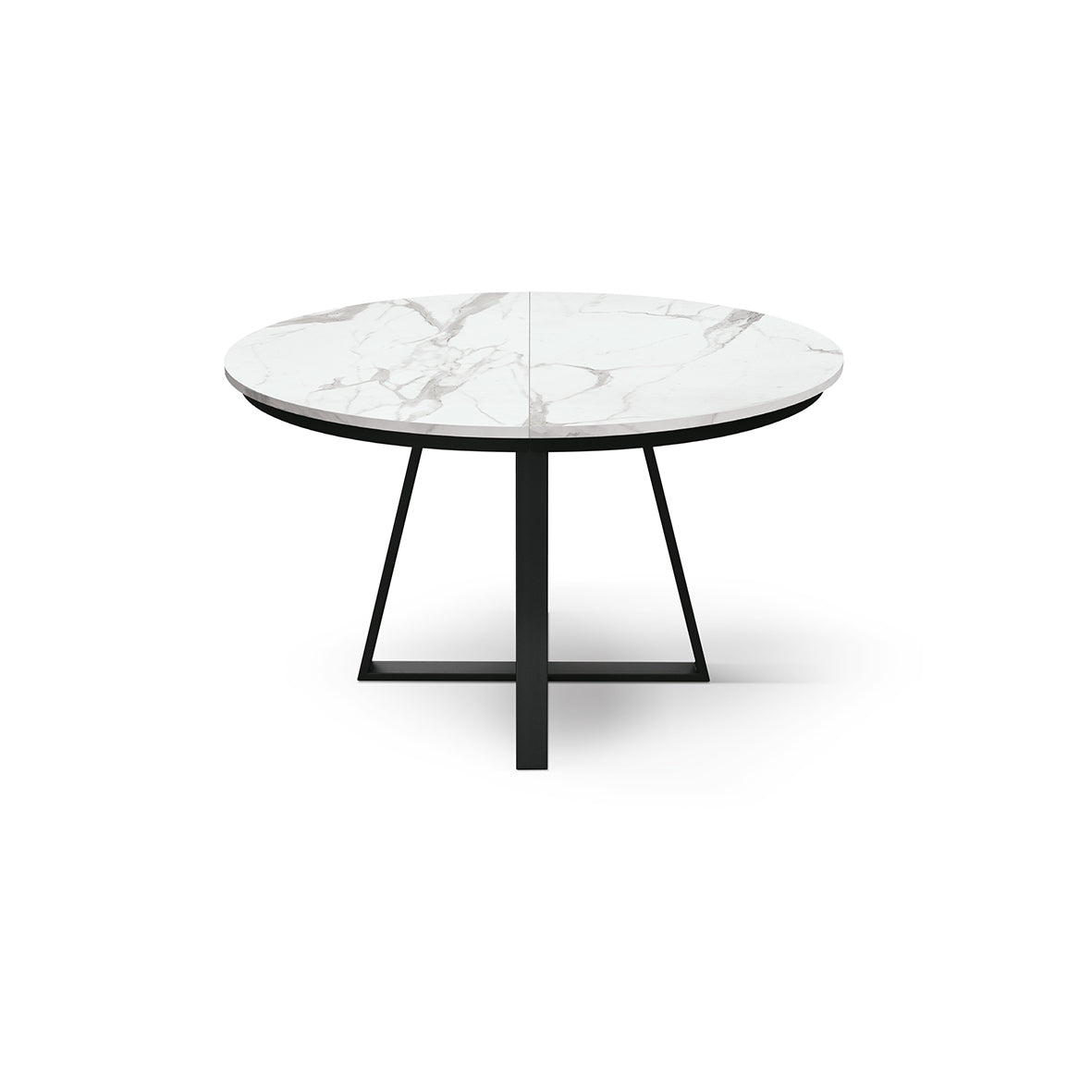 Tavolo Rotondo Allungabile Cassiopea, vista frontale da chiuso con piano in ceramica marmo bianco Statuario