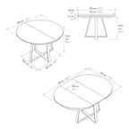 Tavolo Rotondo Allungabile Cassiopea, schema tecnico con dimensioni del piano, altezza e allunga