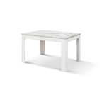 Tavolo Allungabile Minerva, vista di tre quarti con piano in marmo bianco statuario e gambe in legno bianco