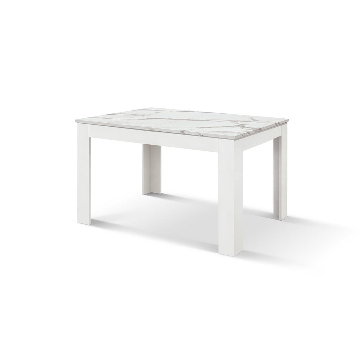 Tavolo Allungabile Minerva, vista di tre quarti con piano in marmo bianco statuario e gambe in legno bianco