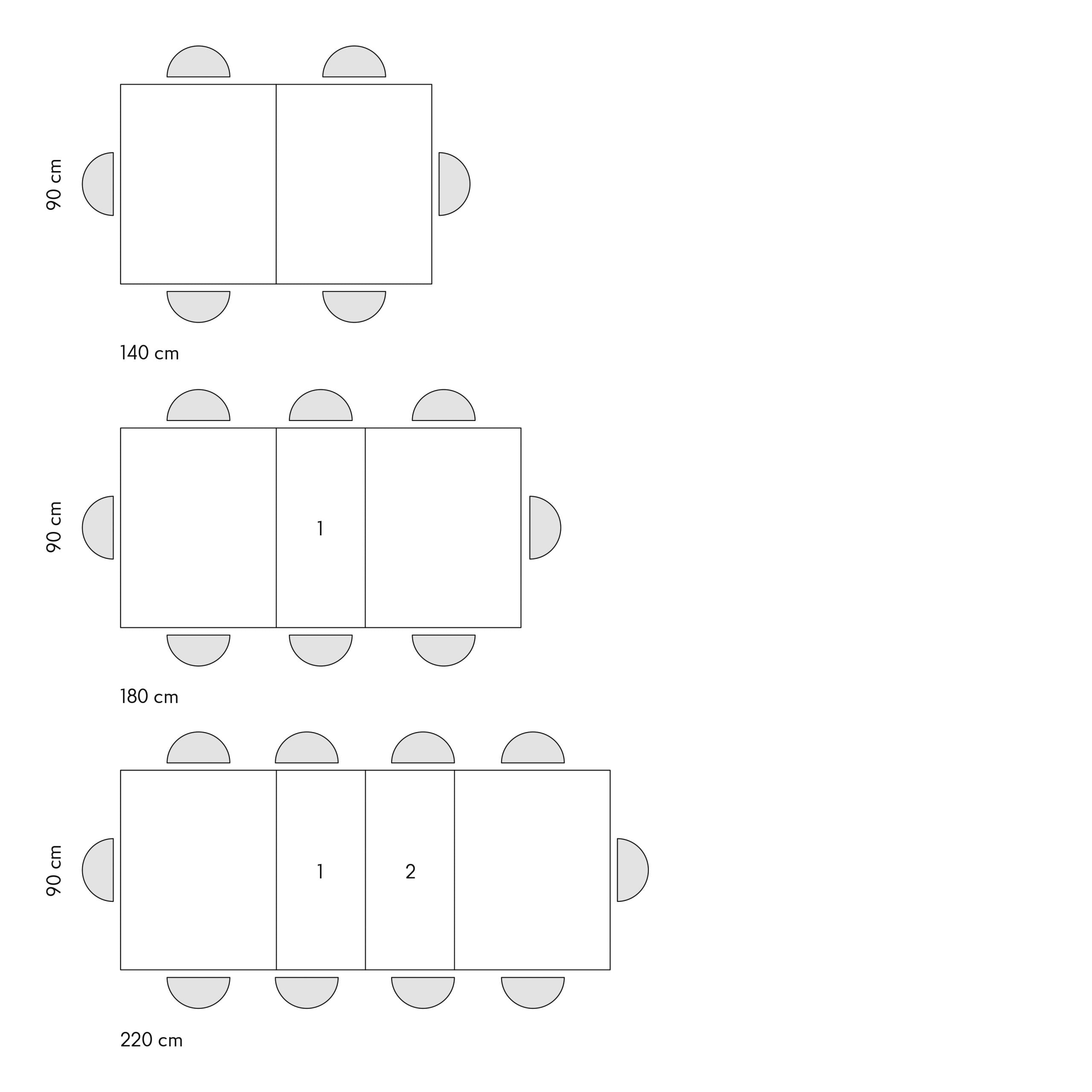 Tavolo Allungabile Minerva, schema delle configurazioni: chiuso 140 cm, con una prolunga 180 cm, con due prolunghe 220 cm