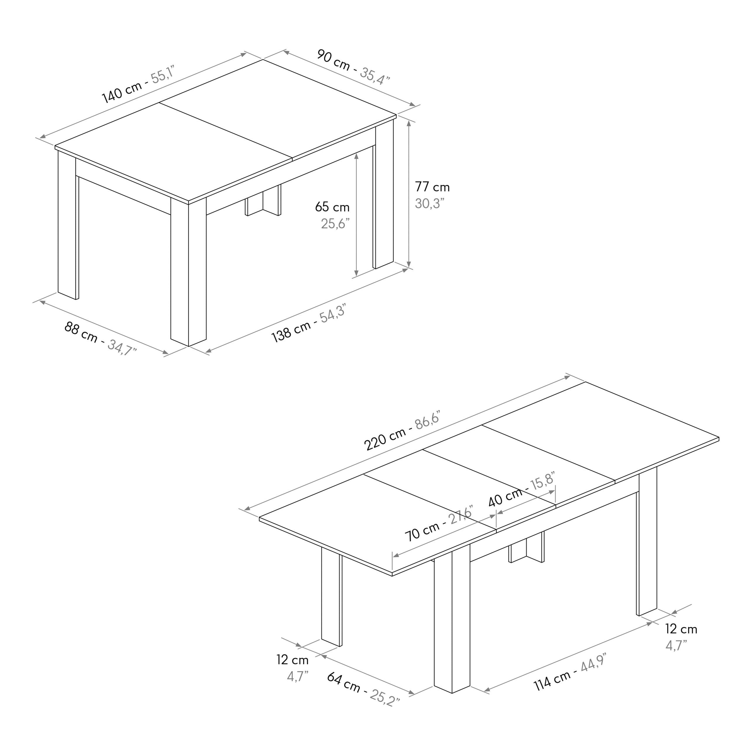 Tavolo Allungabile Minerva, scheda tecnica con dimensioni: 140x90 cm chiuso, 220x90 cm aperto, altezza 77 cm