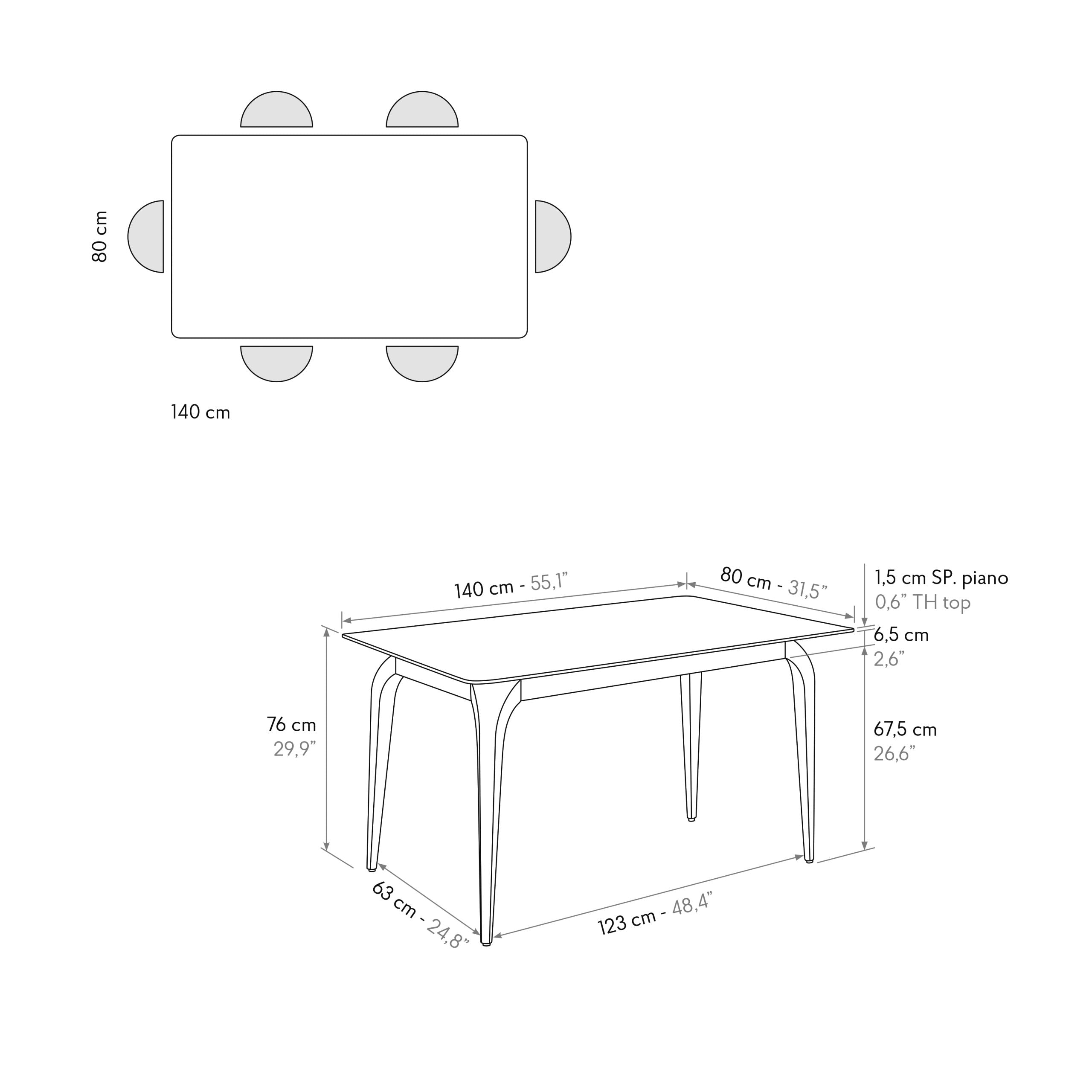 Tavolo Fisso Cerere, scheda tecnica con dimensioni: 140x80 cm, altezza 76 cm