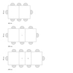 Tavolo Allungabile Perseo, schema misure: 160 cm chiuso, 200 cm con 1 allunga, 240 cm con 2 allunghe