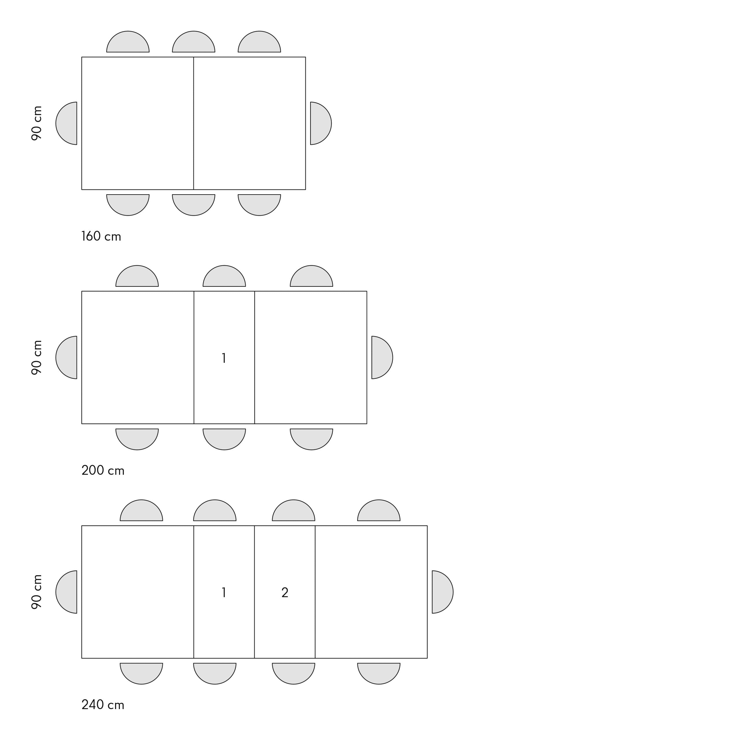 Tavolo Allungabile Perseo, schema misure: 160 cm chiuso, 200 cm con 1 allunga, 240 cm con 2 allunghe