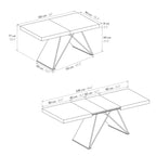 Tavolo Allungabile Perseo, schema tecnico con dimensioni del piano, altezza e allunghe