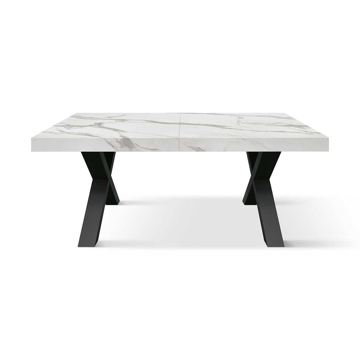 Tavolo Allungabile Andromeda, vista frontale da chiuso con piano in ceramica marmo bianco Statuario e base a X nera