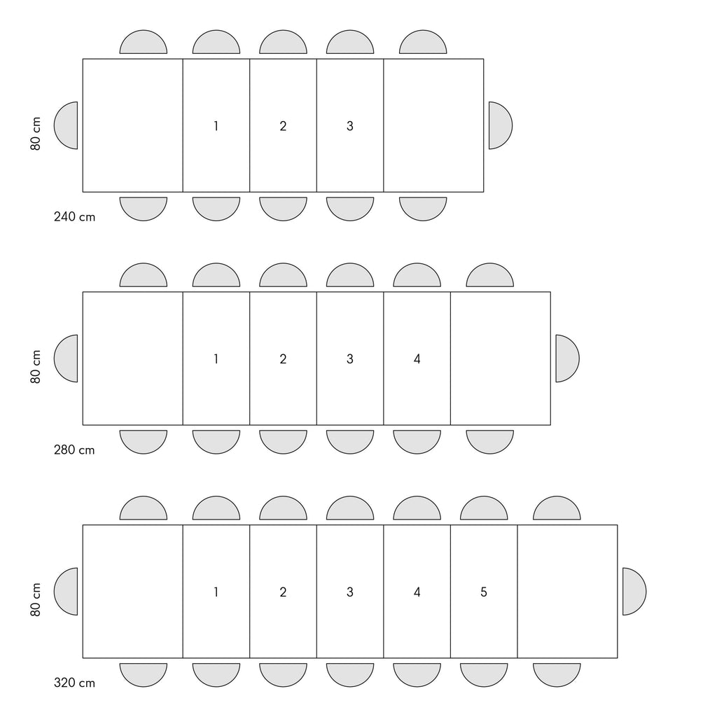 Tavolo Allungabile Atlas, schema misure: 240 cm con 3 allunghe, 280 cm con 4 allunghe, 320 cm con 5 allunghe