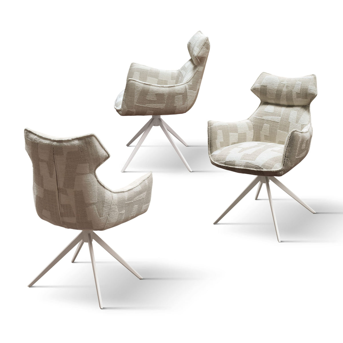 Poltrona girevole Aurora in tessuto fantasia geometrica bianco e crema, base a 4 razze in metallo bianco