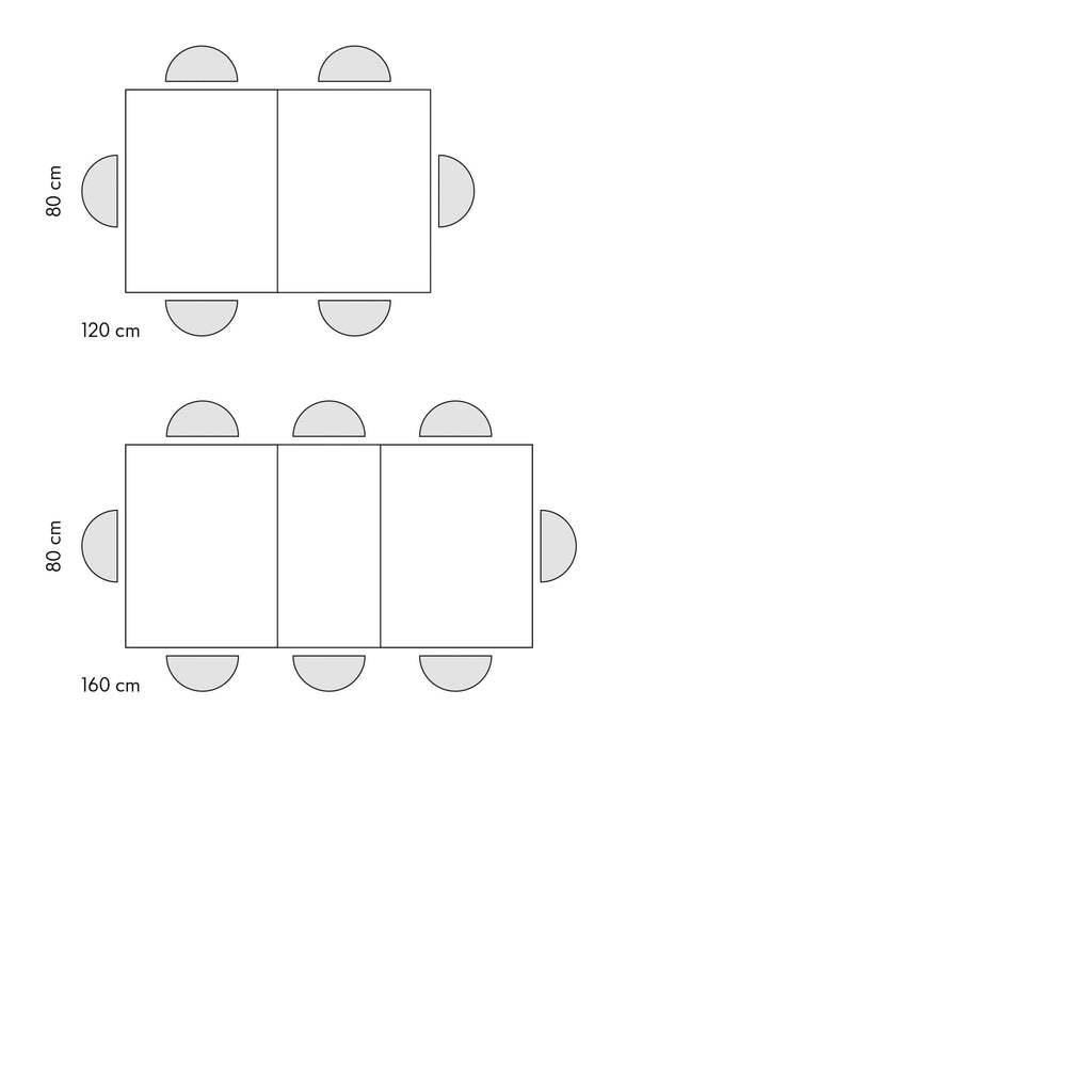 Tavolo Giunone, schema misure: 120 cm chiuso, 160 cm aperto