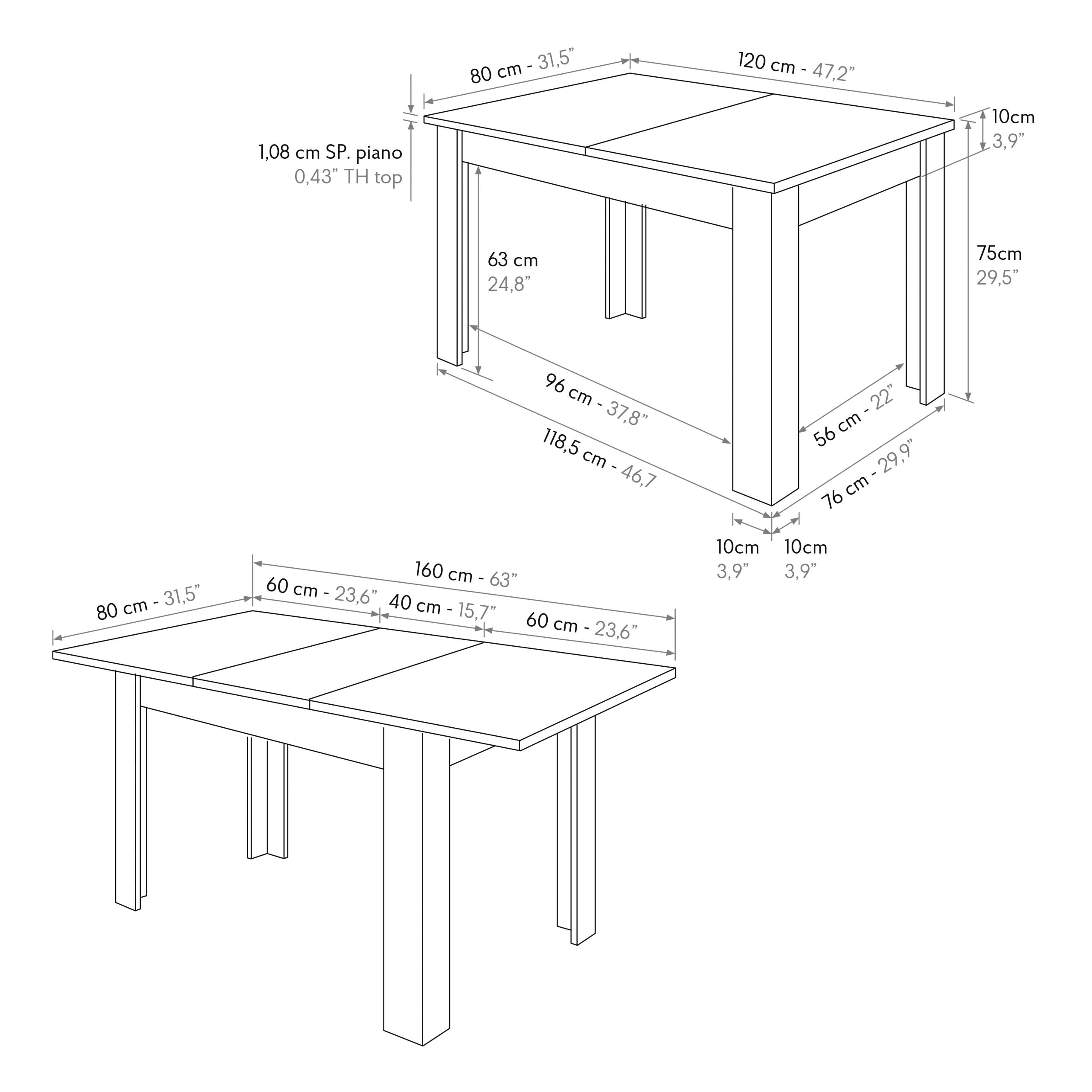 Tavolo Giunone, schema misure dettagliato: 120x80 cm, altezza 75 cm