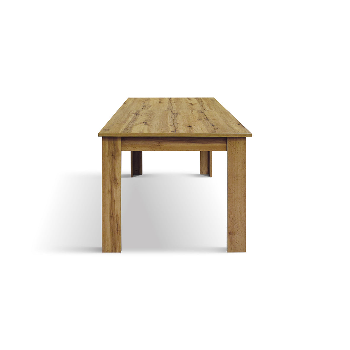 Tavolo Giunone, vista 3/4 con una sedia beige e vasi decorativi