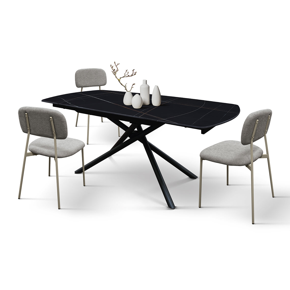 Lyra Extendable Round Table – Black Marble Ceramic and Black
