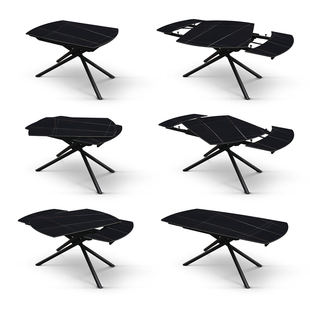 Lyra Extendable Round Table – Black Marble Ceramic and Black