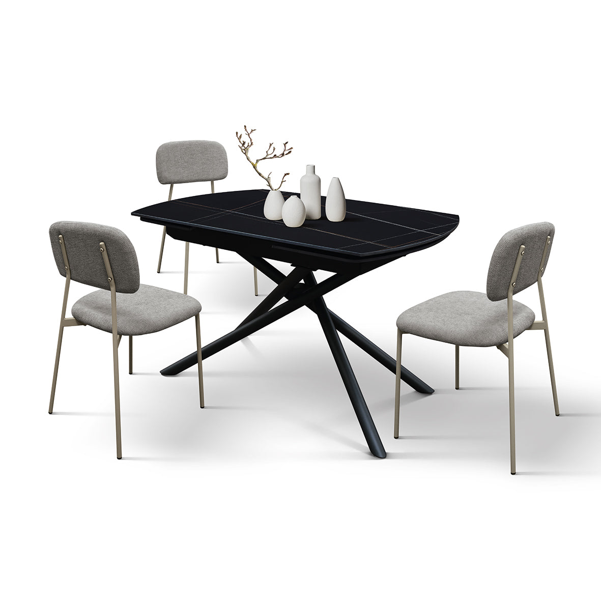 Lyra Extendable Round Table – Black Marble Ceramic and Black