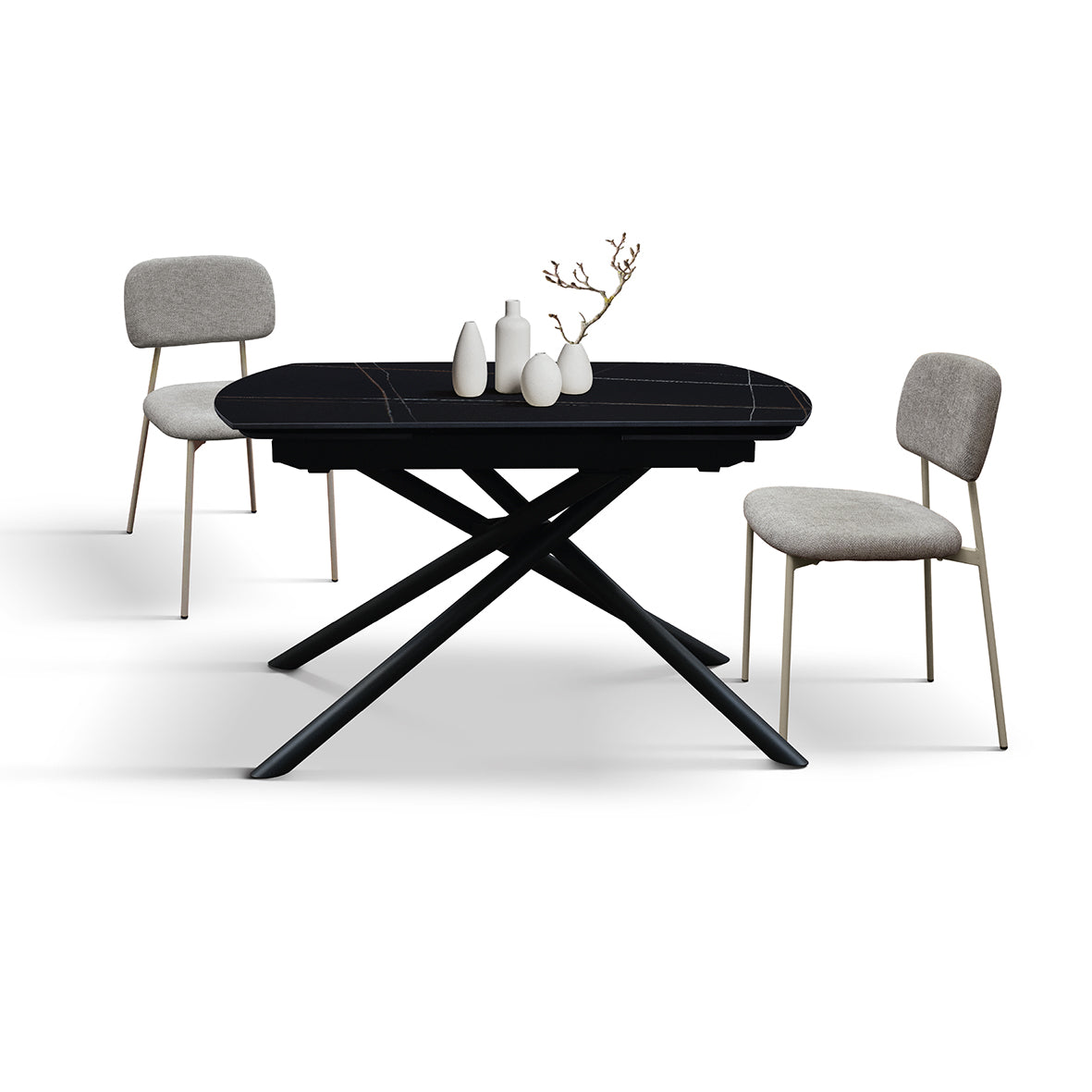Lyra Extendable Round Table – Black Marble Ceramic and Black