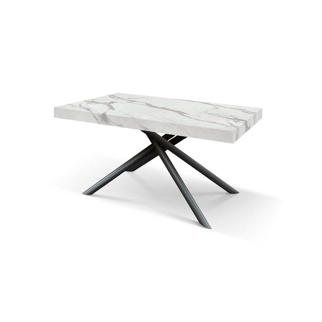 Tavolo Demetra, dettaglio angolo del piano in ceramica marmo bianco