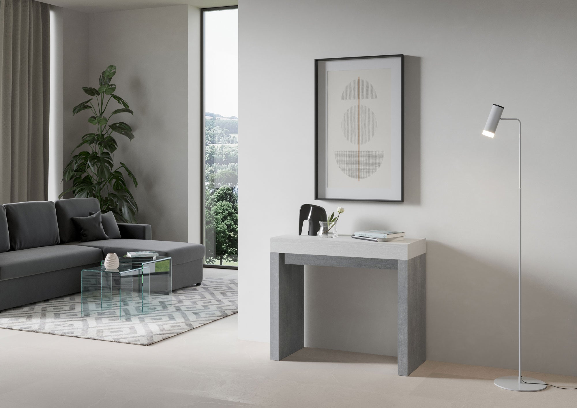 Roxell Mix piano Bianco Frassino gambe Cemento