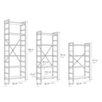 Libreria Atena, schema tecnico delle tre altezze disponibili: 4 ripiani (117 cm), 5 ripiani (151 cm) e 6 ripiani (184 cm)