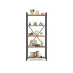 Libreria Atena a 5 ripiani in metallo nero e rovere, vista frontale con libri, vasi e oggetti decorativi sui ripiani