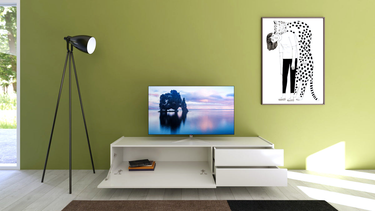 Porta TV Solaria 1 Ribalta e 2 Cassetti - Bianco Lucido